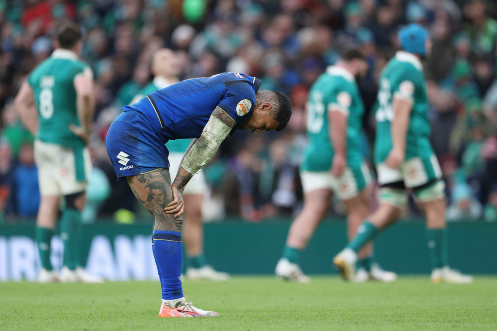 Italy's Monty Ioane reacts after the end of the Six Nations rugby union match between Ireland and Italy in Dublin, Ireland, Saturday, Feb. 14, 2026. (AP Photo/Peter Morrison)