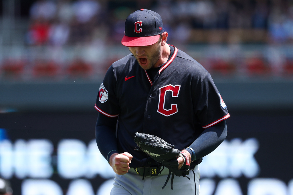 Cleveland Guardians starting pitcher Gavin Williams celebrates during the fifth inning of a baseball game against the Minnesota Twins, Thursday, July 9, 2026, in Minneapolis. (AP Photo/Matt Krohn)