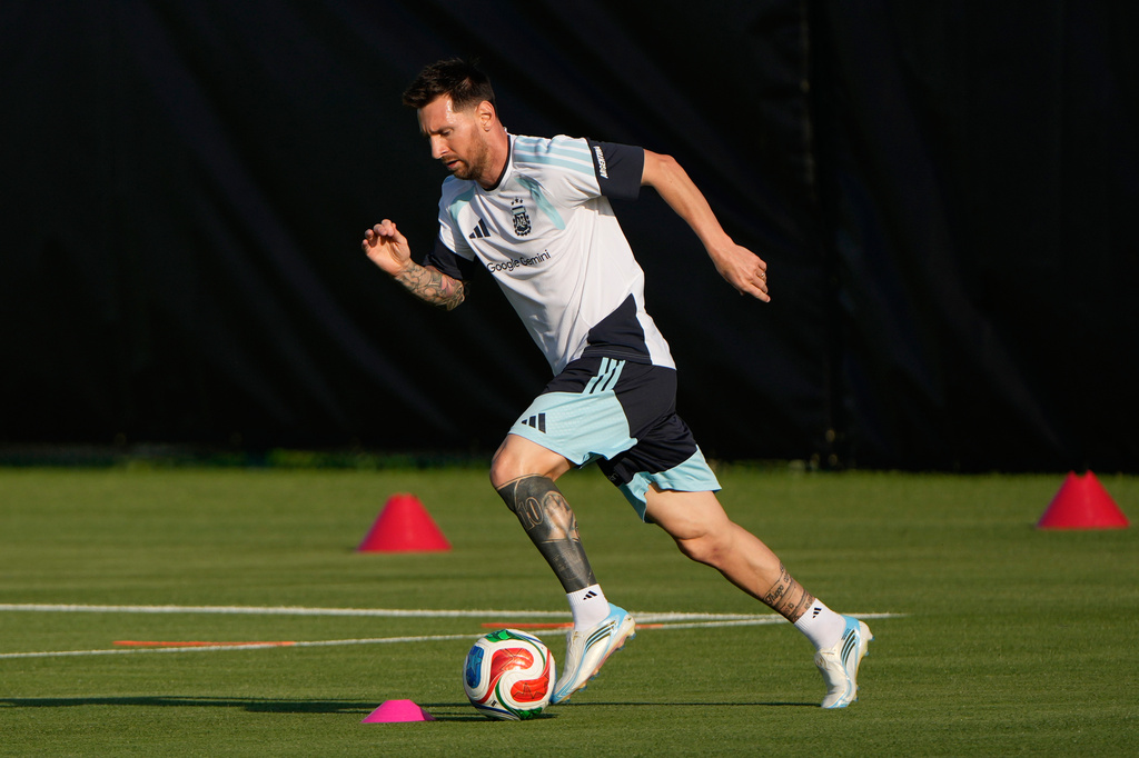 Argentina forward Lionel Messi works out during practice for the FIFA World Cup soccer Wednesday, June 3, 2026, in Kansas City, Kan. (AP Photo/Charlie Riedel)