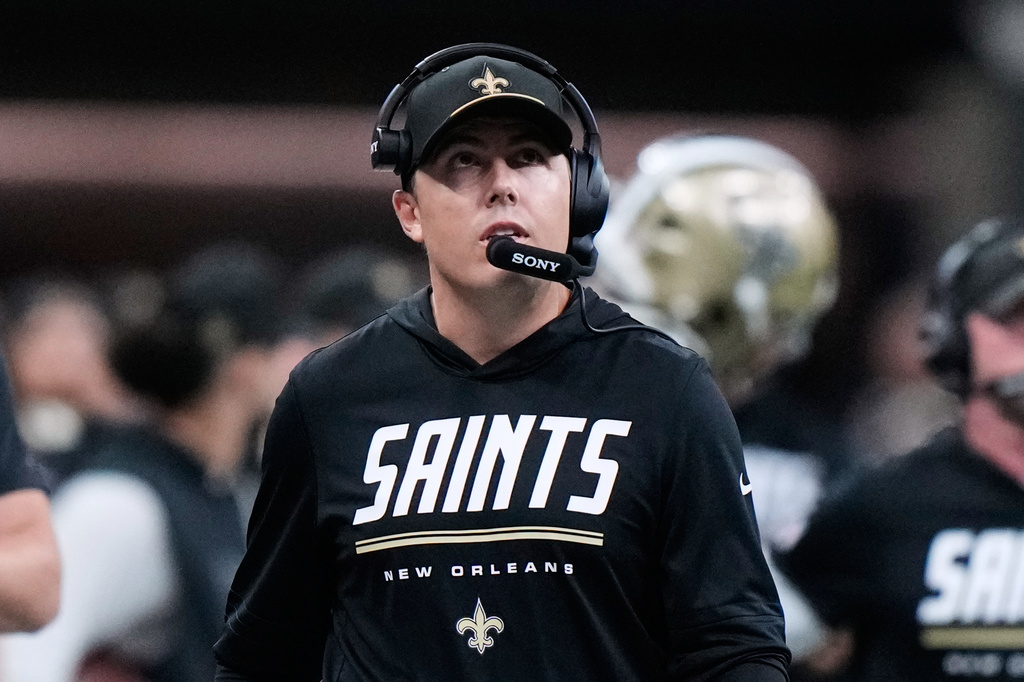New Orleans Saints head coach Kellen Moore stands on the sideline during the first half of an NFL football game against the Las Vegas Raiders in New Orleans, Sunday, Sept. 27, 2026. (AP Photo/Gerald Herbert)