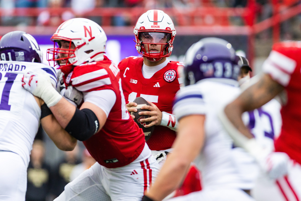 Nebraska quarterback Dylan Raiola (15) looks to pass against Northwestern during the first half of an NCAA college football game, Saturday, Oct. 25, 2025, in Lincoln, Neb. (AP Photo/Bonnie Ryan)