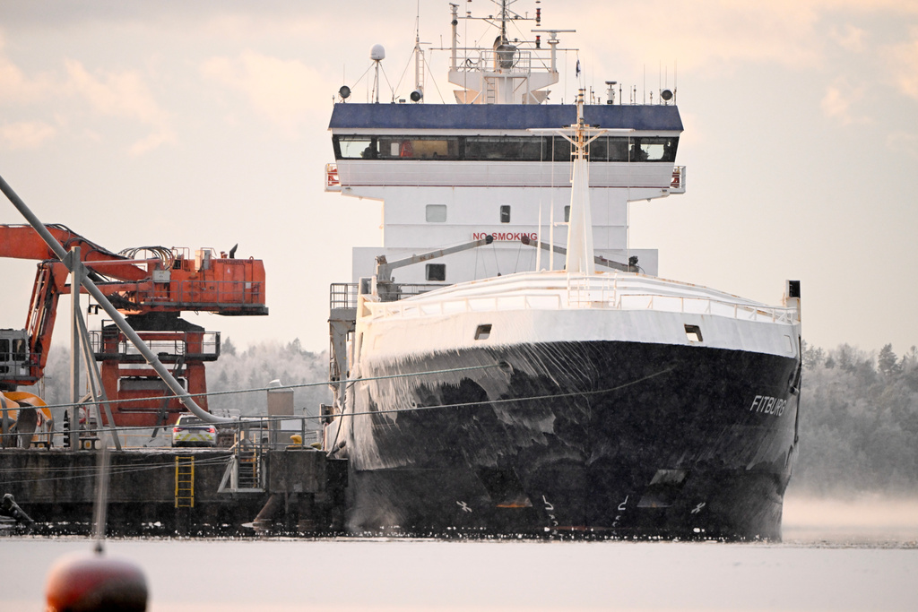 Seized vessel Fitburg in the harbor of Kirkkonummi, Finland, Thursday, Jan. 1, 2026. (Roni Rekomaa/Lehtikuva via AP)
