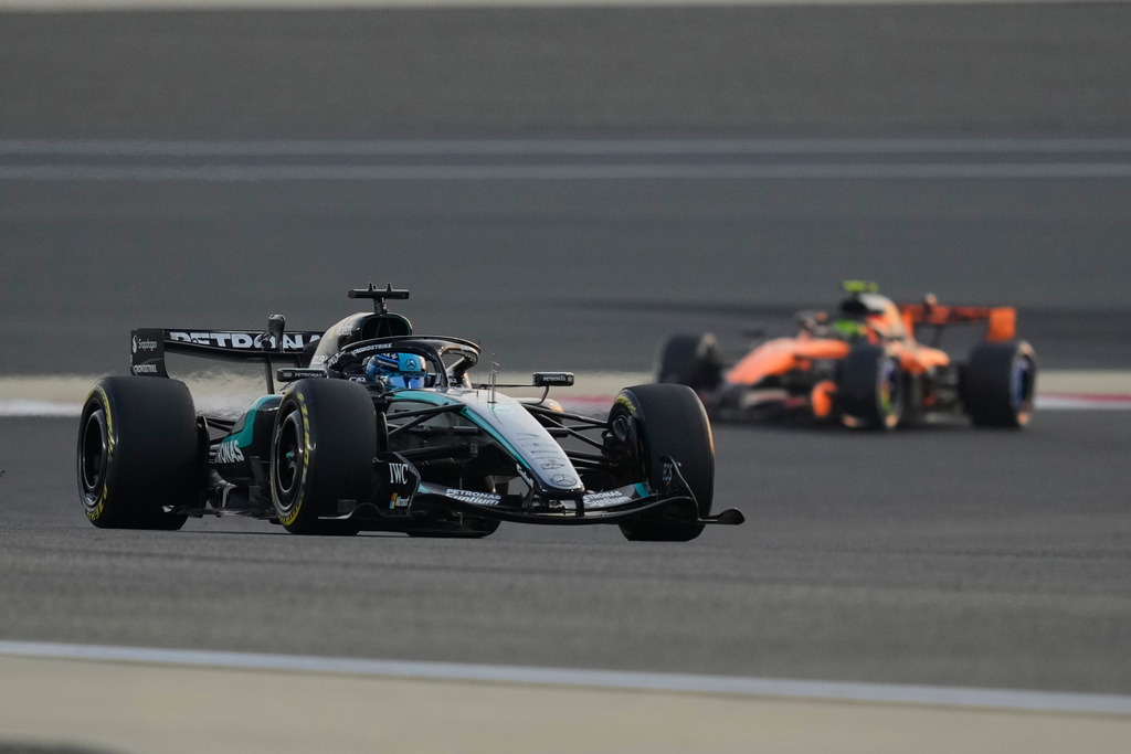 Mercedes driver George Russell of Britain steers his car during a Formula One pre-season test at the Bahrain International Circuit in Sakhir, Bahrain, Thursday, Feb. 12, 2026. (AP Photo/Altaf Qadri)