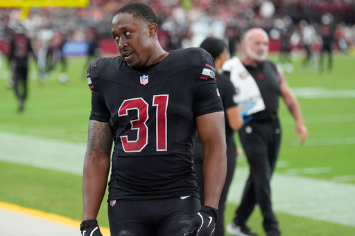 Arizona Cardinals running back Emari Demercado (31) reacts on the sideline after fumbling the ball out of the end zone on a touchdown run during the second half of an NFL football game against the Tennessee Titans, Sunday, Oct. 5, 2025, in Glendale, Ariz. (AP Photo/Ross D. Franklin) Arizona Cardinals running back Emari Demercado (31) reacts on the sideline after fumbling the ball out of the end zone on a touchdown run during the second half of an NFL football game against the Tennessee Titans, Sunday, Oct. 5, 2025, in Glendale, Ariz. (AP Photo/Ross D. Franklin)