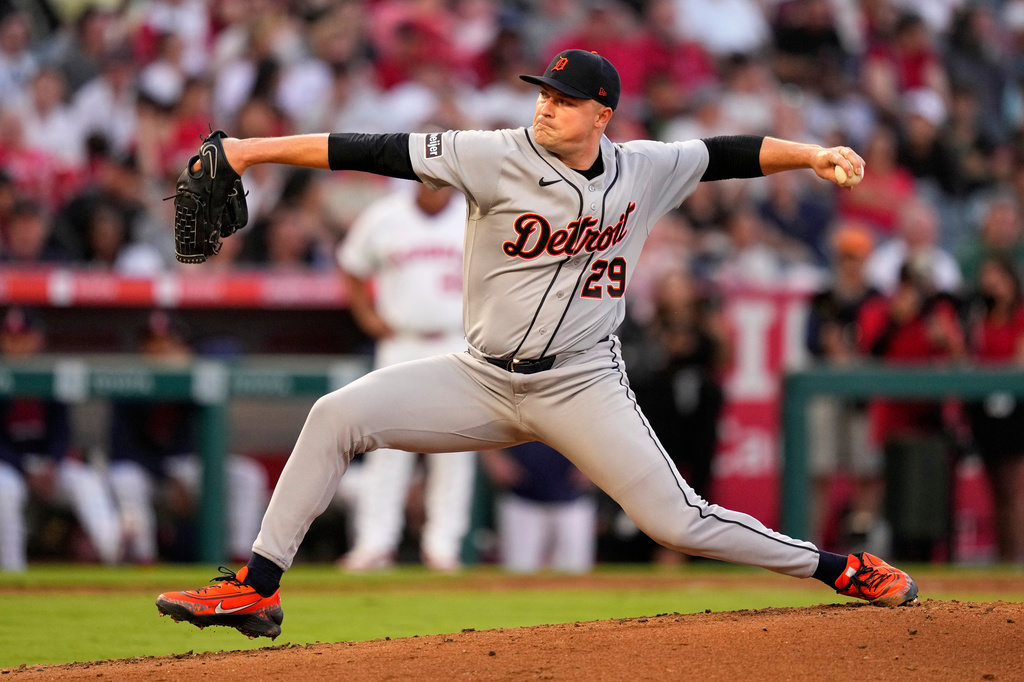 Detroit Tigers starting pitcher Tarik Skubal throws to the plate during the second inning of a baseball game against the Los Angeles Angels, Saturday, July 18, 2026, in Anaheim, Calif. (AP Photo/Mark J. Terrill)