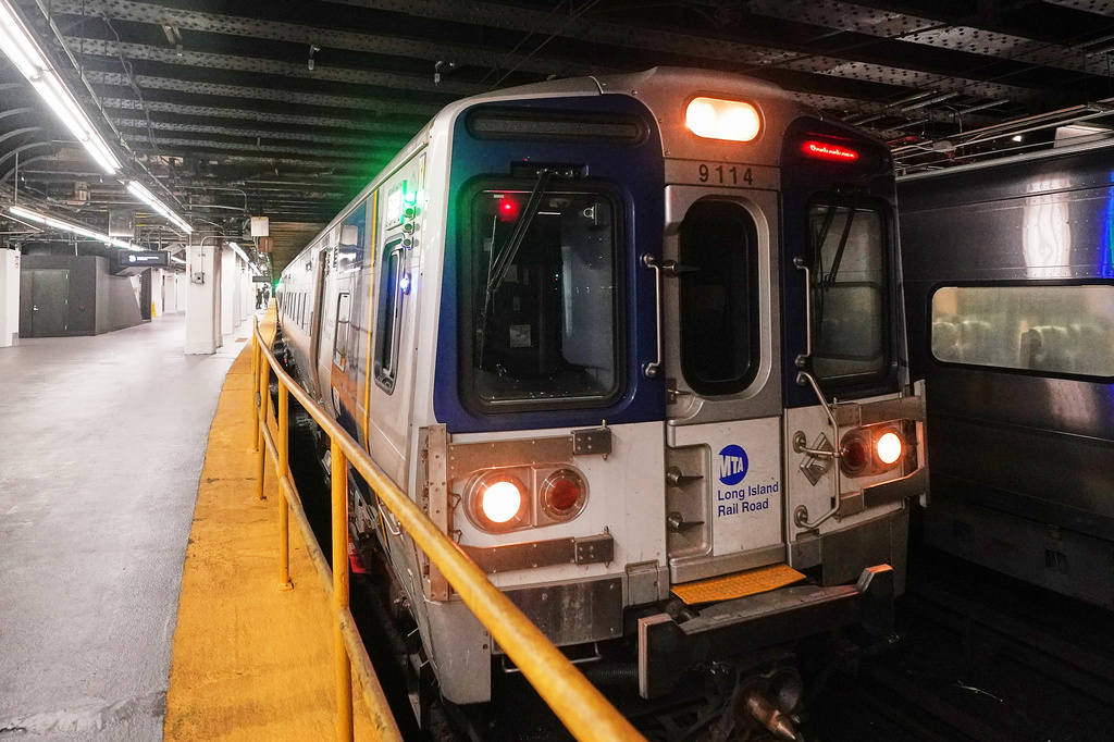 The first departing Long Island Rail Road train leaves Pennsylvania Station, in New York, Tuesday, May 19, 2026. (AP Photo/Richard Drew)