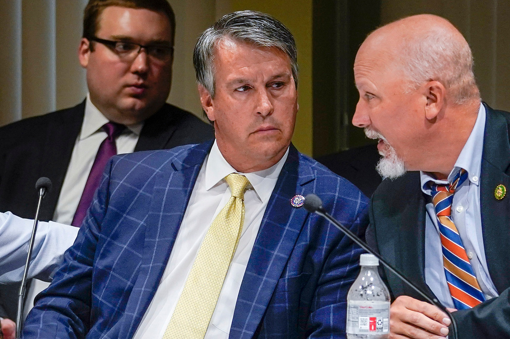 FILE - Rep. Barry Moore, left, and Rep. Chip Roy, R-Texas during a House Judiciary Committee Field Hearing, April 17, 2023, in New York. (AP Photo/John Minchillo, File)