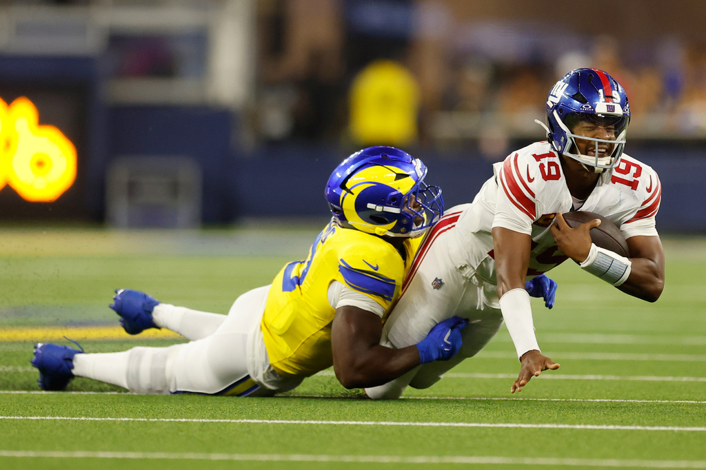 New York Giants quarterback Jameis Winston (19) is sacked by Los Angeles Rams linebacker Byron Young during the second half of an NFL football game in Inglewood, Calif., Monday, Sept. 21, 2026. (AP Photo/Caroline Brehman)