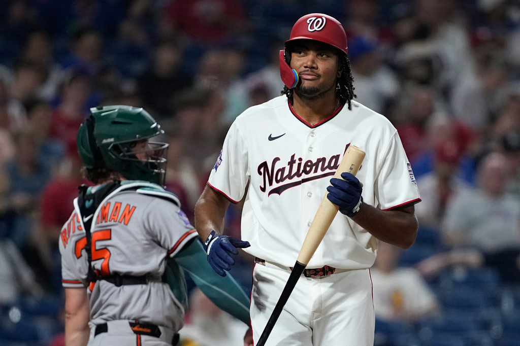 Washington Nationals' James Wood strikes out against Toronto Blue Jays' Louis Varland against during the eighth inning in the MLB baseball All-Star Game between the American League and National League, Tuesday, July 14, 2026, in Philadelphia. (AP Photo/Matt Slocum)