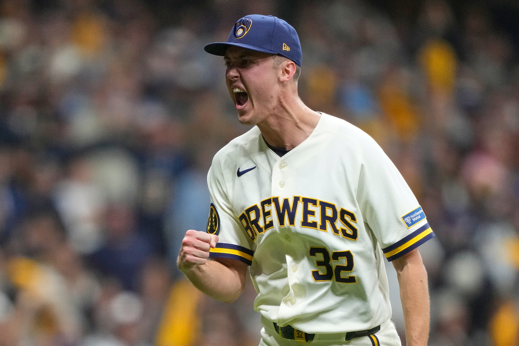 Milwaukee Brewers' Jacob Misiorowski reacts after striking out San Diego Padres' Luis Campusano during the fourth inning in Game 1 of a National League Divisional baseball playoff series Saturday, Oct. 3, 2026, in Milwaukee. (AP Photo/Kayla Wolf)