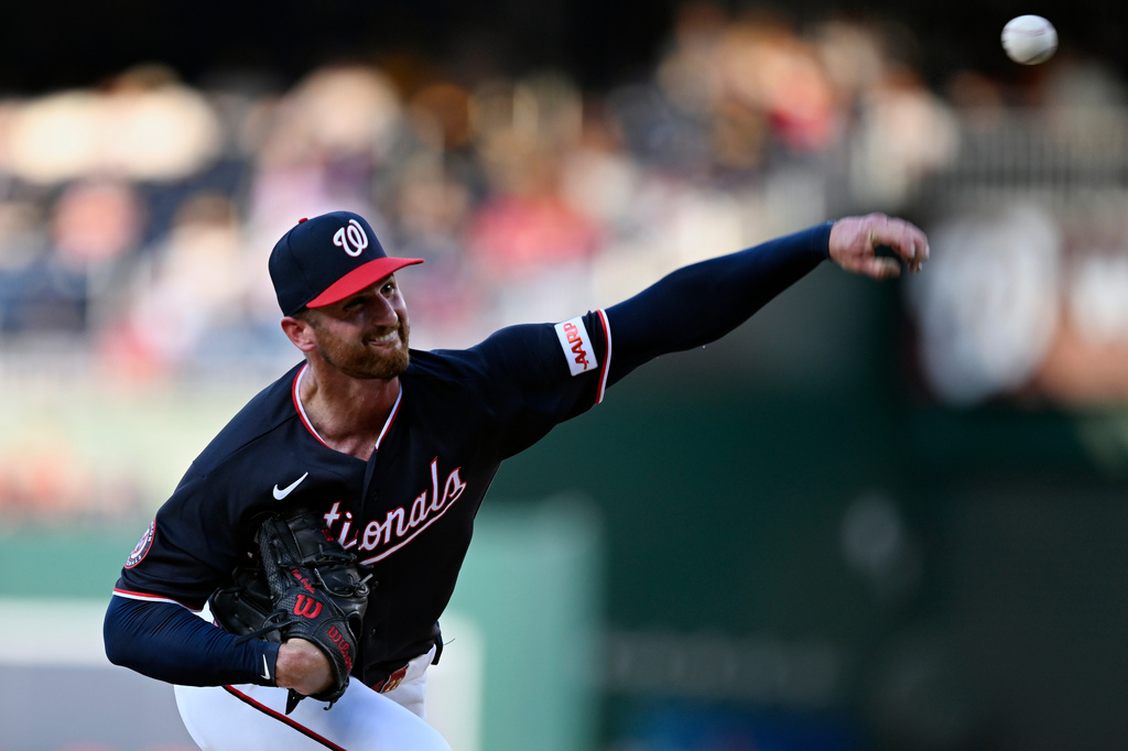 Washington Nationals starting pitcher Foster Griffin throws during the third inning of a baseball game against the Pittsburgh Pirates, Friday, July 3, 2026, in Washington. (AP Photo/John McDonnell)
