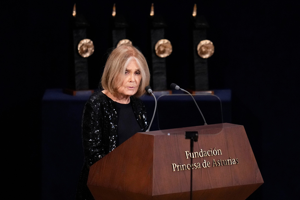 FILE - Gloria Steinem speaks during the 2021 Princess of Asturias Awards ceremony in Oviedo, northern Spain, Oct. 22, 2021. (AP Photo/Manu Fernandez, File)