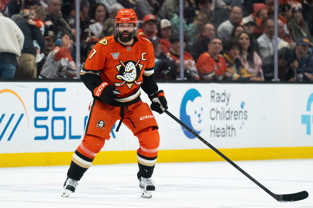 FILE - Anaheim Ducks defenseman Radko Gudas skates during an NHL hockey game against the Winnipeg Jets, Feb. 27, 2026, in Anaheim, Calif. (AP Photo/Kyusung Gong, File)