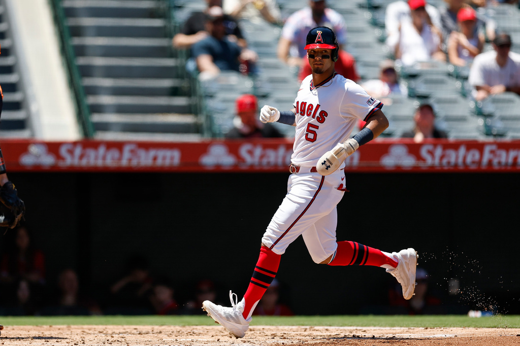 Los Angeles Angels' Vaughn Grissom runs to home plate to score off a single hit by Oswald Peraza during the second inning of a baseball game against the Detroit Tigers, Sunday, July 19, 2026, in Anaheim, Calif. (AP Photo/Caroline Brehman)