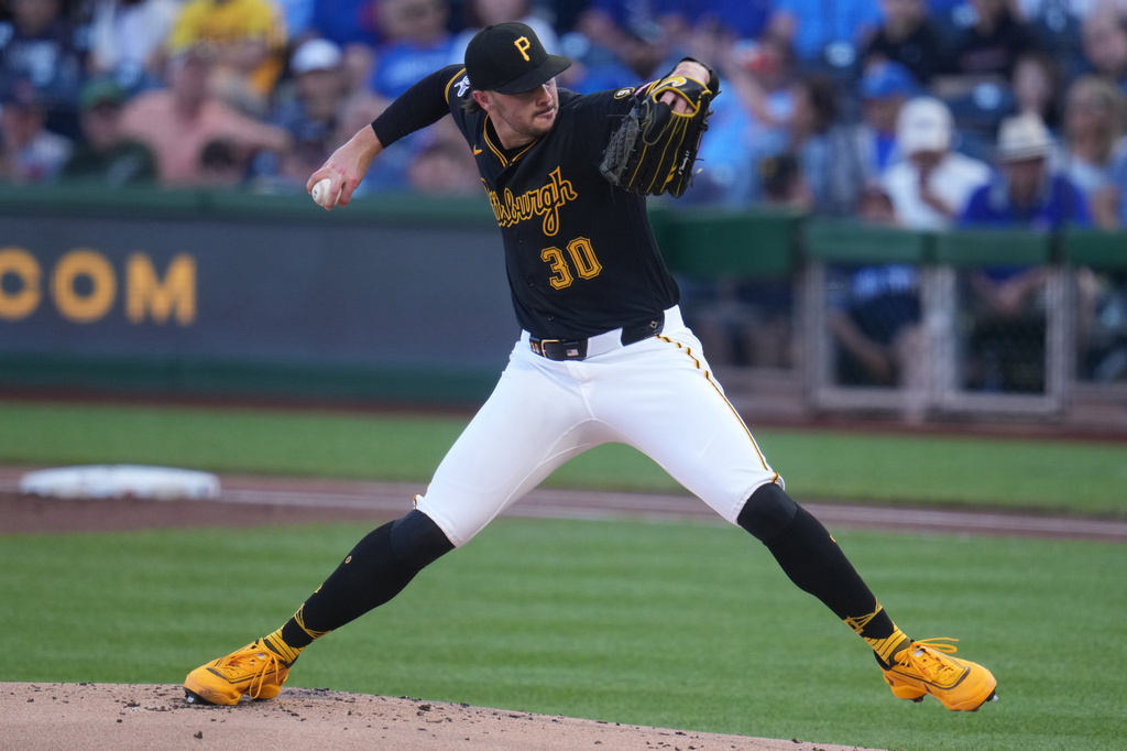 Pittsburgh Pirates pitcher Paul Skenes delivers during the first inning of a baseball game against the Chicago Cubs in Pittsburgh, Thursday, May 28, 2026. (AP Photo/Gene J. Puskar)