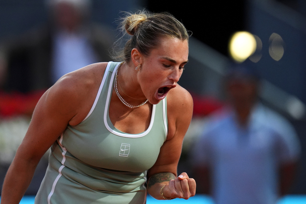 Aryna Sabalenka of Belarus celebrates a point during her match against Hailey Baptiste of the U.S. during the Madrid Open tennis tournament in Madrid, Tuesday, April 28, 2026. (AP Photo/Manu Fernandez)