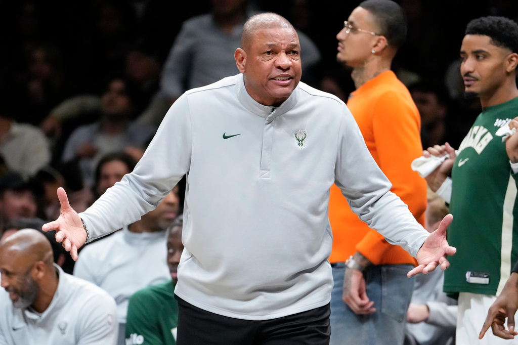 Milwaukee Bucks head coach Doc Rivers shouts at a referee during the second half of an NBA basketball game against Brooklyn Nets, Tuesday, April 7, 2026, in New York. (AP Photo/Yuki Iwamura)