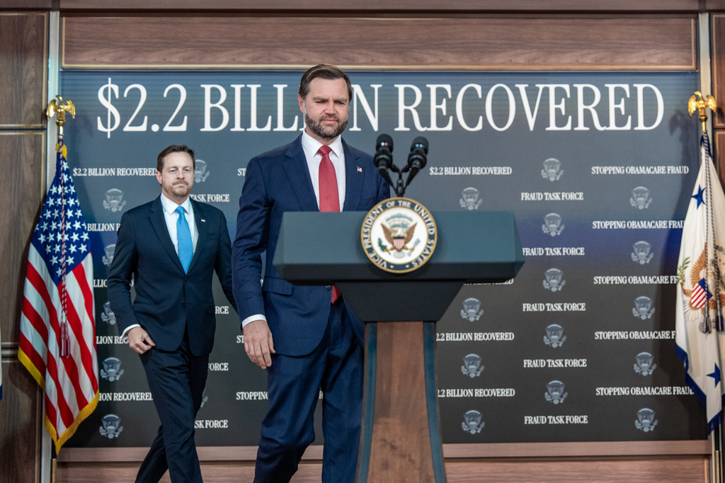 Vice President JD Vance arrives for a news conference, followed by Federal Trade Commission (FTC) Chairman Andrew Ferguson, in the South Court Auditorium in the Eisenhower Executive Office Building on the White House campus, Tuesday, Sept. 22, 2026, in Washington. (AP Photo/Alex Brandon)