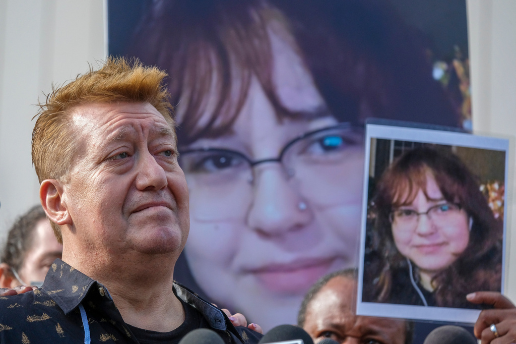 FILE - Juan Pablo Orellana Larenas, father of Valentina Orellana Peralta, speaks during a news conference outside the Los Angeles Police Department headquarters, Dec. 28, 2021, in Los Angeles. (AP Photo/Ringo H.W. Chiu, File)