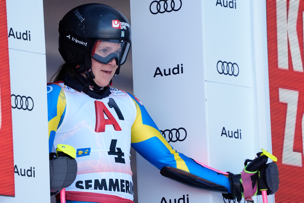 Sweden's Sara Hector starts an alpine ski, women's World Cup giant slalom, in Semmering, Austria, Saturday, Dec. 27, 2025. (AP Photo/Giovanni Auletta)