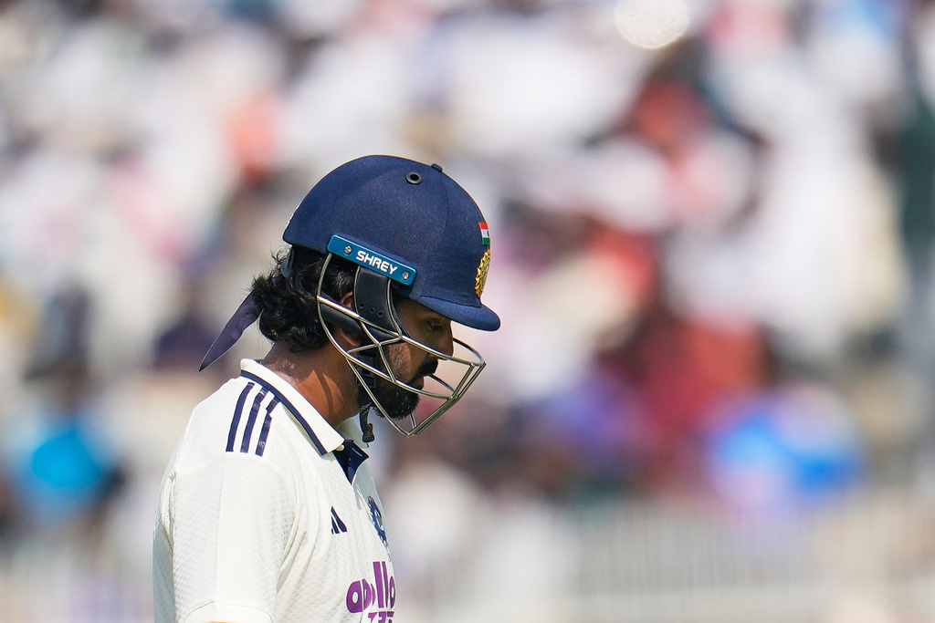 India's KL Rahul walks off the field after losing his wicket on the second day of the first cricket test match between India and South Africa in Kolkata, India, Saturday, Nov. 15, 2025. (AP Photo/Aijaz Rahi)