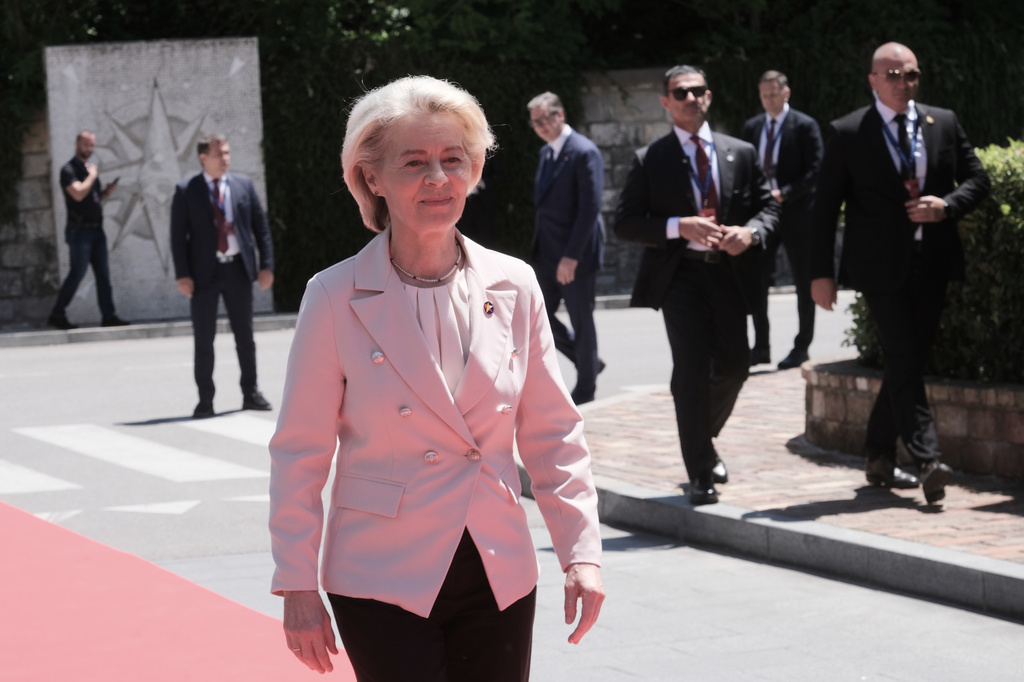 European Commission President Ursula von der Leyen arrives to attend the EU-Western Balkans summit in the Montenegrin coastal town of Tivat, Friday, June 5, 2026. (AP Photo/Risto Bozovic)