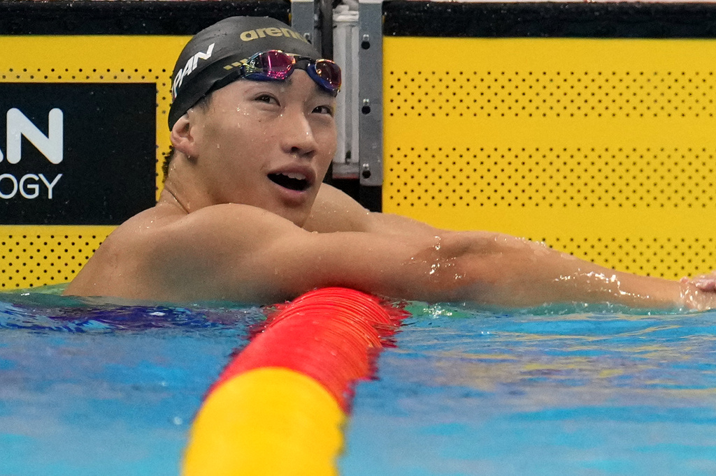 Shin Ohashi of Japan celebrates after winning the men's 200-meter breaststroke final in swimming at the Asian Games in Tokyo, Japan, Thursday, Sept. 24, 2026. (AP Photo/Hiro Komae)