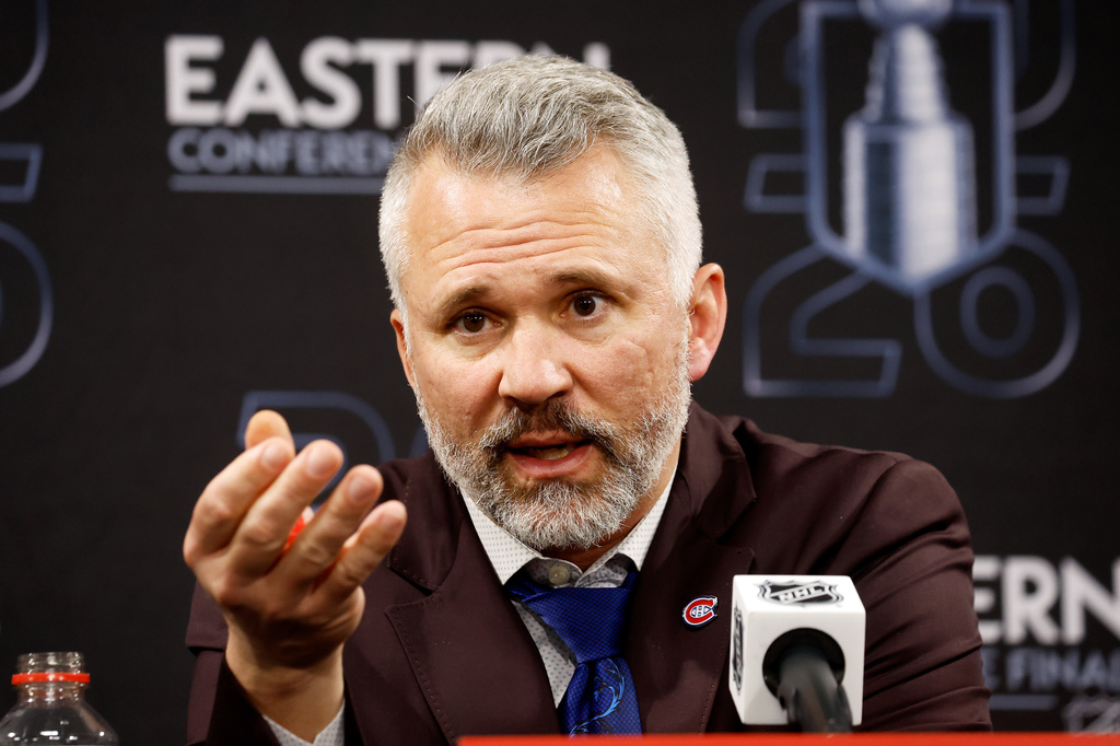Montréal Canadiens head coach Martin St. Louis speaks to the media following Game 1 of the Eastern Conference finals NHL hockey Stanley Cup playoffs series between the Carolina Hurricanes and the Montréal Canadiens in Raleigh, N.C., Thursday, May 21, 2026. (AP Photo/Karl DeBlaker)
