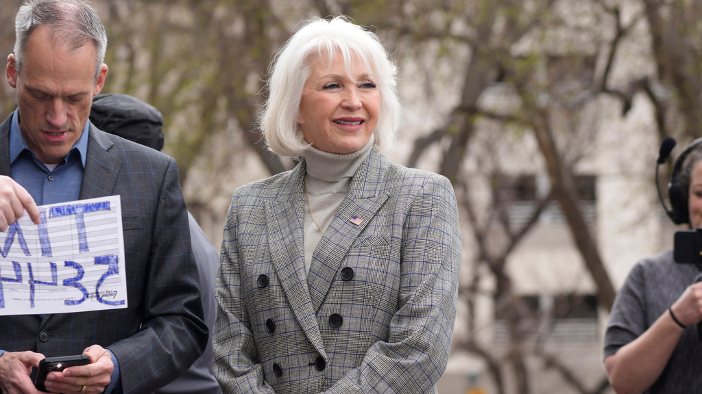 FILE - Mesa County, Colo., clerk Tina Peters talks on the west steps of the State Capitol Tuesday, April 5, 2022, in downtown Denver. (AP Photo/David Zalubowski, File)