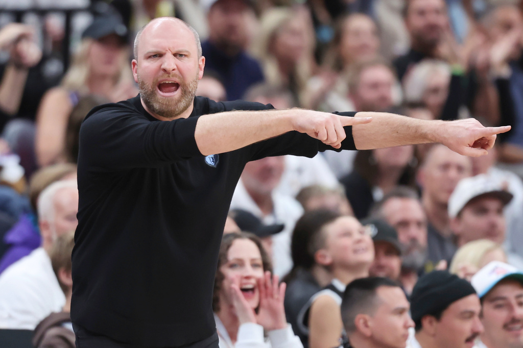 FILE - Memphis Grizzlies head coach Taylor Jenkins calls a play against the Utah Jazz during the second half of an NBA basketball game, Wednesday, Oct. 23, 2024, in Salt Lake City. (AP Photo/Rob Gray, File)