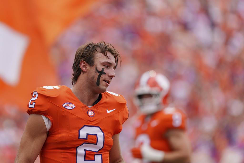 Clemson quarterback Cade Klubnik (2) looks on at the start of an NCAA college football game against Troy, Saturday, Sept. 6, 2025, in Clemson, S.C. (AP Photo/Jacob Kupferman)