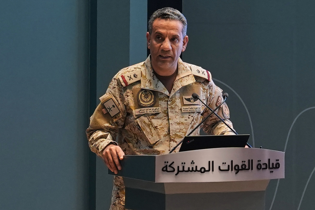 Saudi-led coalition spokesman Maj. Gen. Turki al-Maliki speaks during a press conference in Riyadh, Saudi Arabia, Thursday, Oct. 15, 2026. (AP Photo/Baraa Anwer)