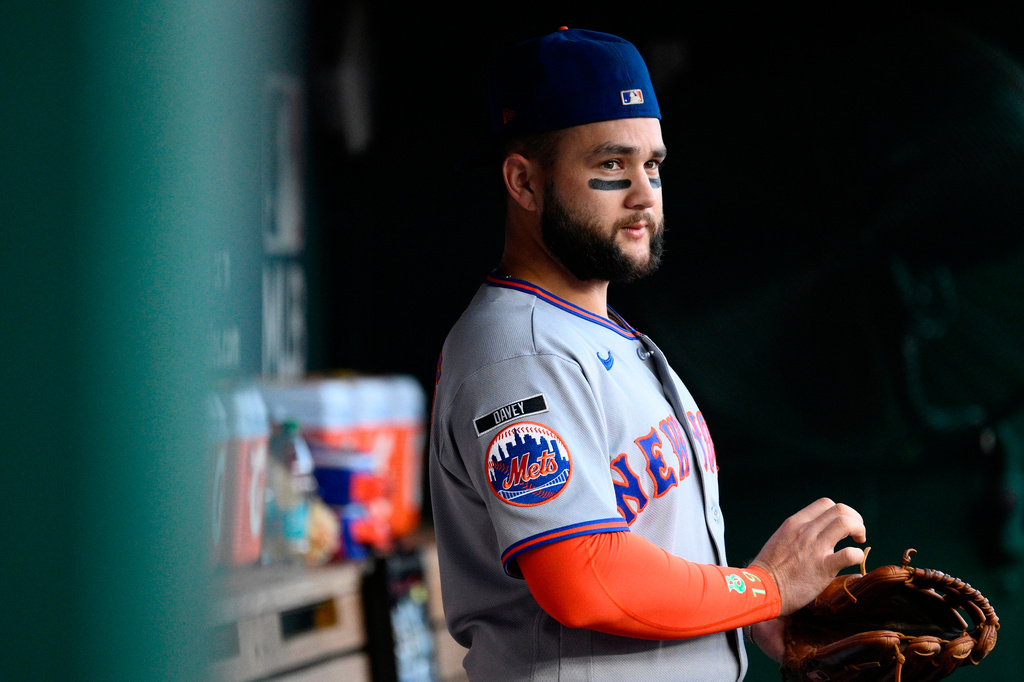 FILE - New York Mets' Bo Bichette looks on before a baseball game against the Washington Nationals, Sept. 25, 2026, in Washington. (AP Photo/Nick Wass, File)