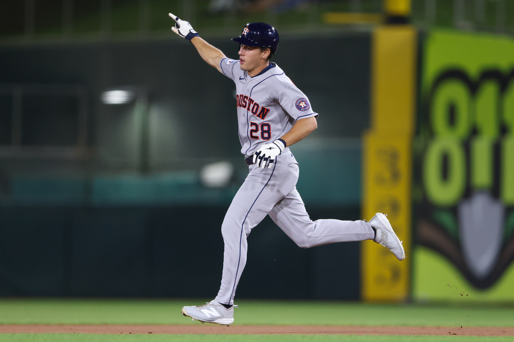 Houston Astros' Lucas Spence jogs around the bases after hitting a solo home run during the seventh inning of a baseball game against the Athletics Thursday, Sept. 24, 2026, in West Sacramento, Calif. (AP Photo/Scott Marshall)