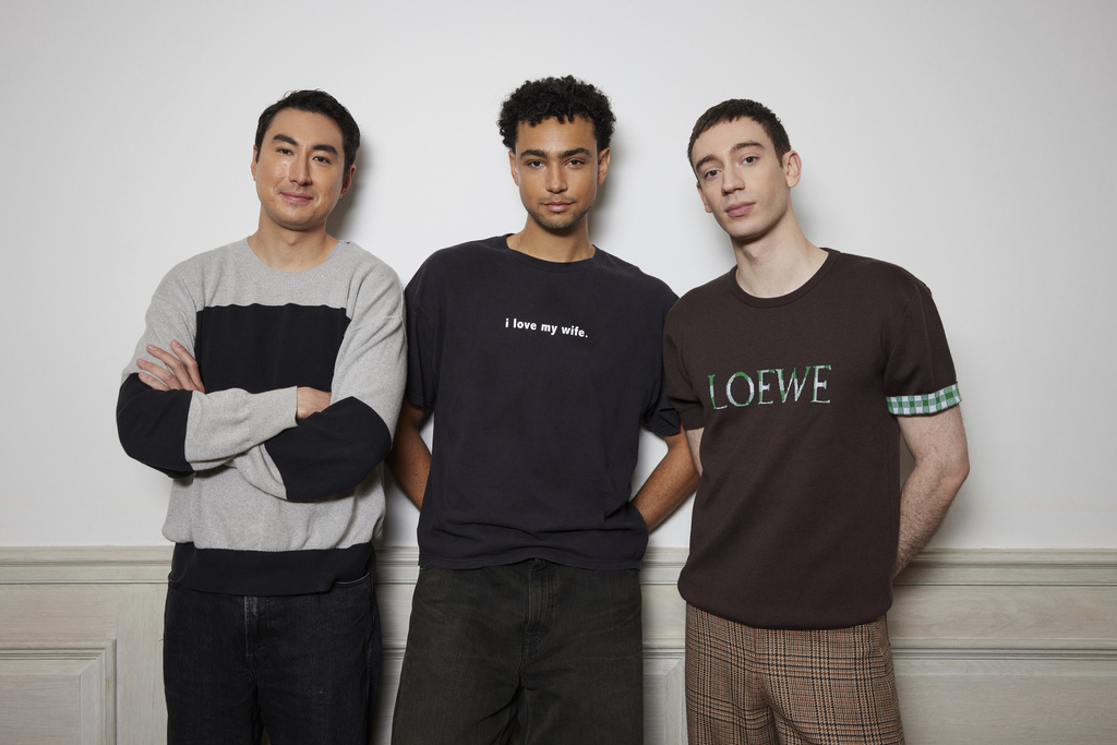 Alex Russell, from left, Archie Madekewe, and Theodore Pellerin pose for a portrait to promote "Lurker" on Monday, Aug. 18, 2025, in New York. (Photo by Matt Licari/Invision/AP)