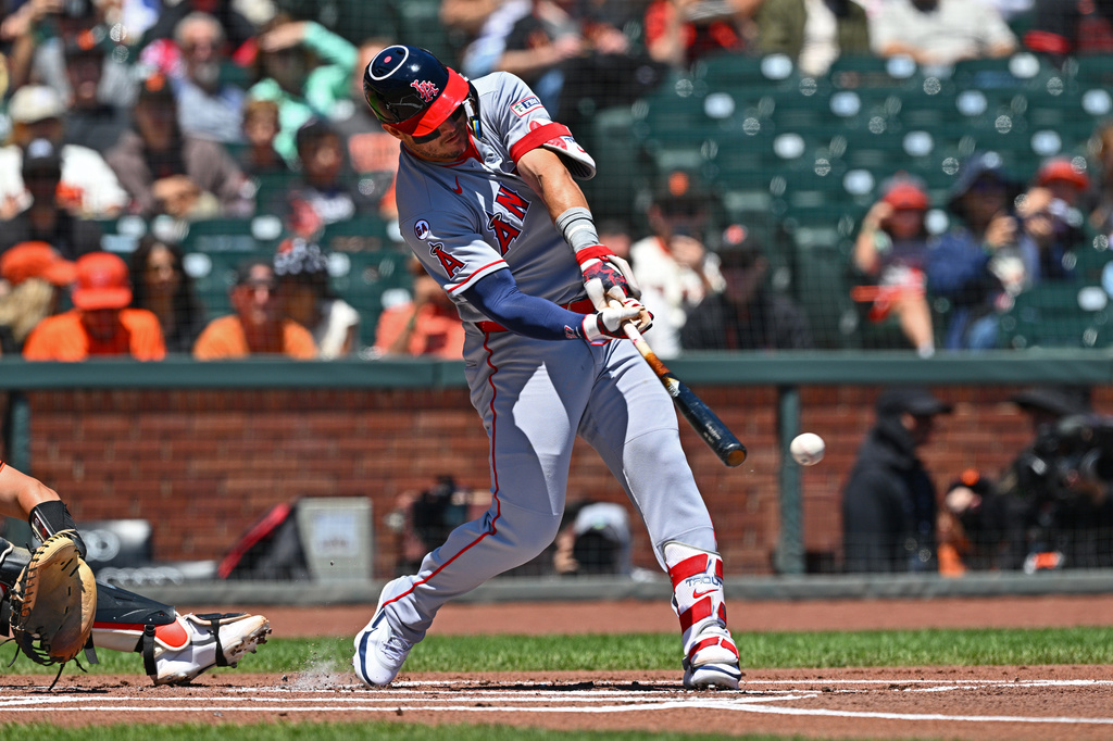 Los Angeles Angels' Mike Trout connects for a double in the first inning of a baseball game against the San Francisco Giants in San Francisco, Sunday, July 26, 2026. (Jose Carlos Fajardo/Bay Area News Group via AP)