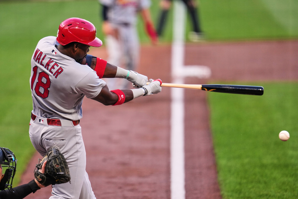 St. Louis Cardinals' Jordan Walker singles off Pittsburgh Pirates pitcher Braxton Ashcraft, driving in a run, during the third inning of a baseball game in Pittsburgh, Thursday, April 28, 2026. (AP Photo/Gene J. Puskar)