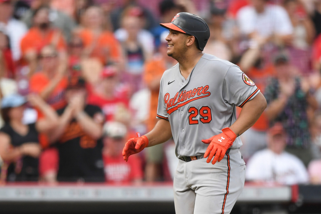 Baltimore Orioles' Samuel Basallo reacts after hitting a two-run home run during the third inning of a baseball game against the Cincinnati Reds in Cincinnati, Friday, July 3, 2026. (AP Photo/Tanner Pearson)