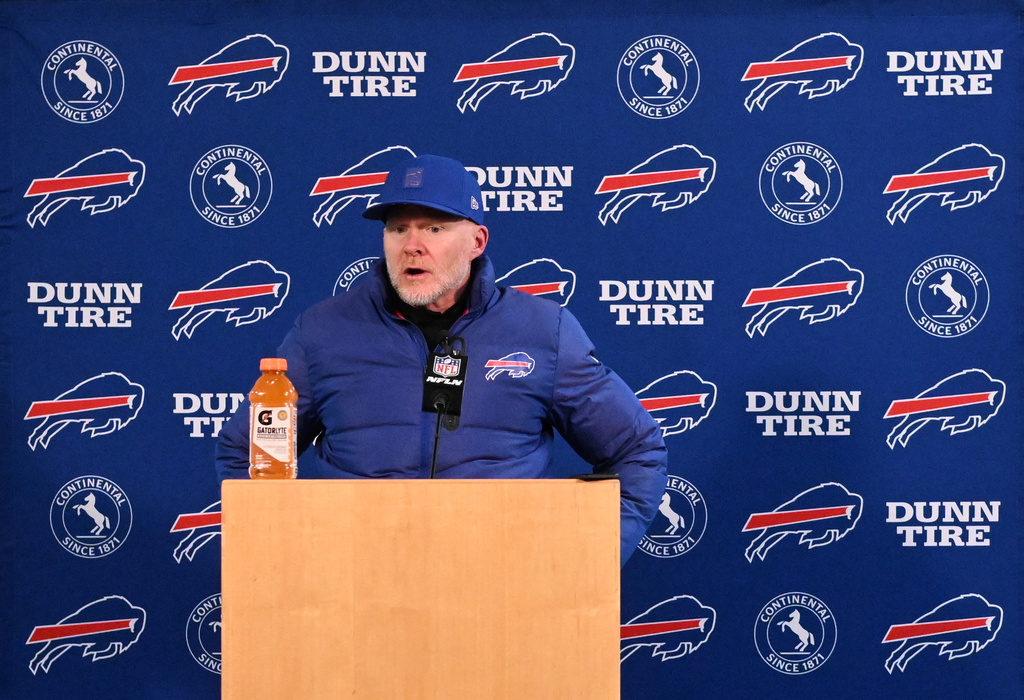 Buffalo Bills head coach Sean McDermott responds to questions during a news conference after an NFL divisional playoff game against the Denver Broncos, Saturday, Jan. 17, 2026, in Denver. (AP Photo/RJ Sangosti)