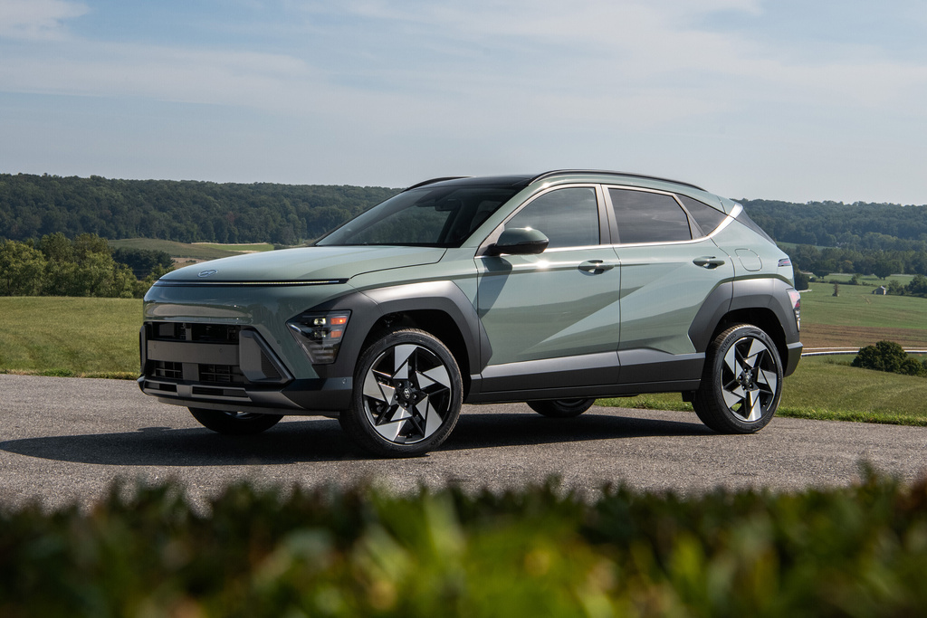 This photo provided by Hyundai shows the 2026 Kona, an affordable compact SUV available with gas or fully electric power. (Courtesy of Hyundai Motor America via AP)