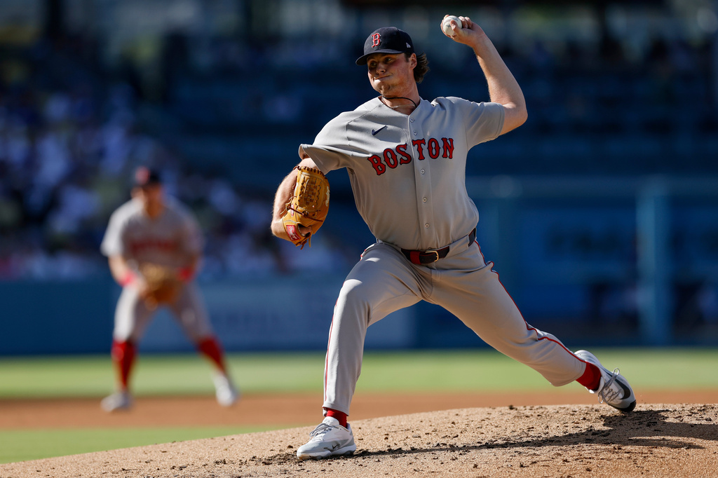 Boston Red Sox starting pitcher Jake Bennett (64) throws during the second inning of a baseball game against the Los Angeles Dodgers, Sunday, Aug. 2, 2026, in Los Angeles. (AP Photo/Caroline Brehman)