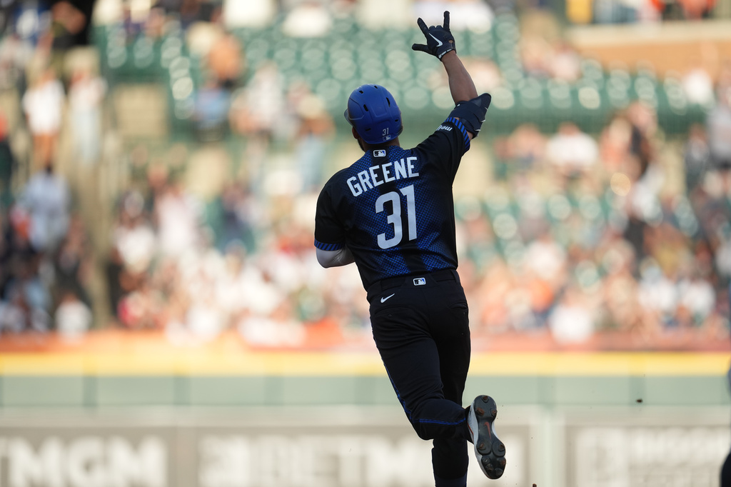 Detroit Tigers' Riley Greene reacts to his home run agains the New York Yankees during the fifth inning of a baseball game Monday, June 22, 2026, in Detroit. (AP Photo/Paul Sancya)