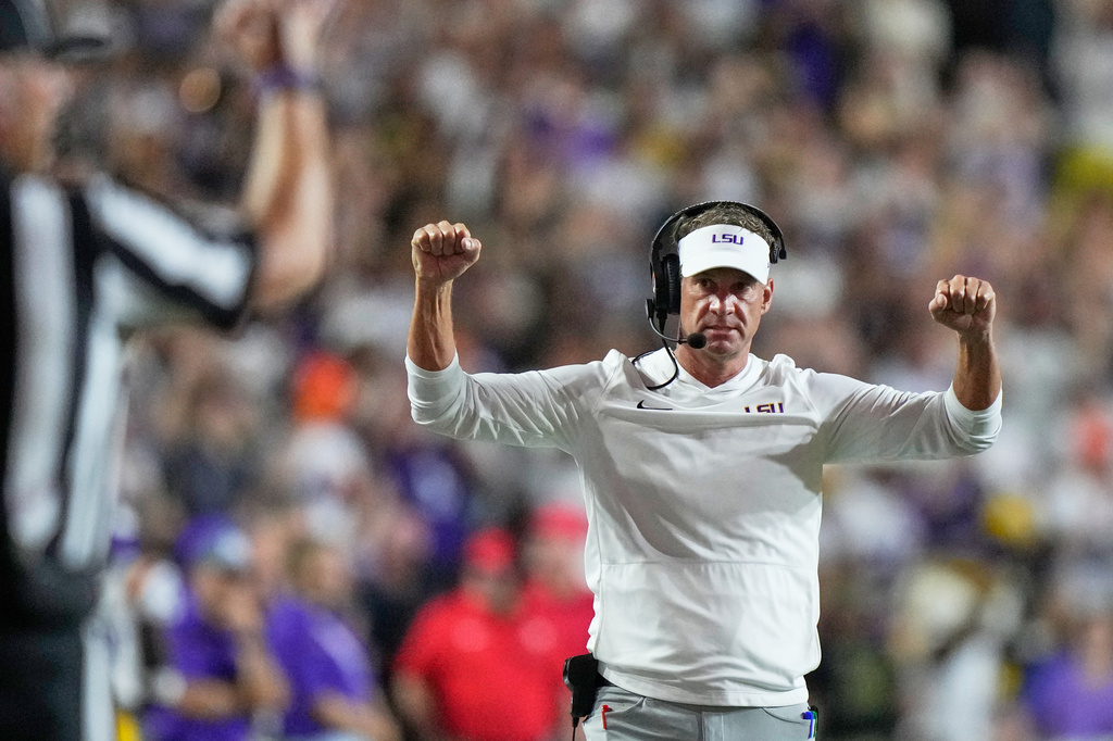 LSU head coach Lane Kiffin reacts to a penalty against Clemson in the first half of an NCAA college football game, Saturday, Sept. 5, 2026 in Baton Rouge, La. (AP Photo/Gerald Herbert)