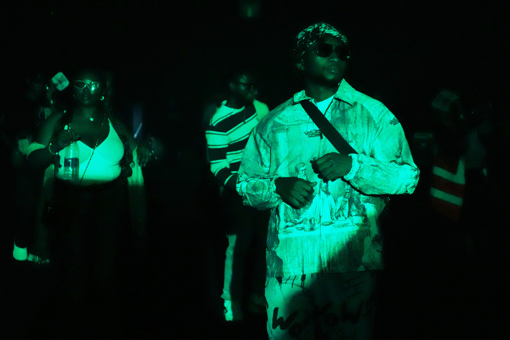 People dance during a Group Therapy rave in Lekki, an upscale part of Lagos, Nigeria, Saturday, Feb. 28, 2026. (AP Photo/Sunday Alamba)