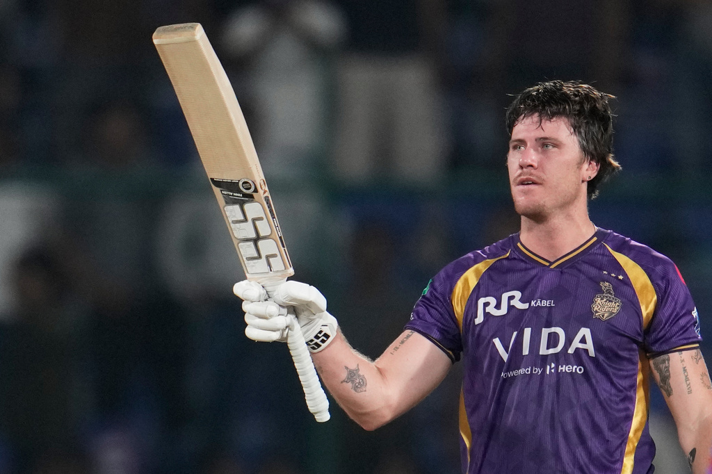 Kolkata Knight Riders' Finn Allen celebrates his century during the Indian Premier League cricket match between Delhi Capitals and Kolkata Knight Riders in New Delhi, India, Friday, May 8, 2026. (AP Photo/Manish Swarup)
