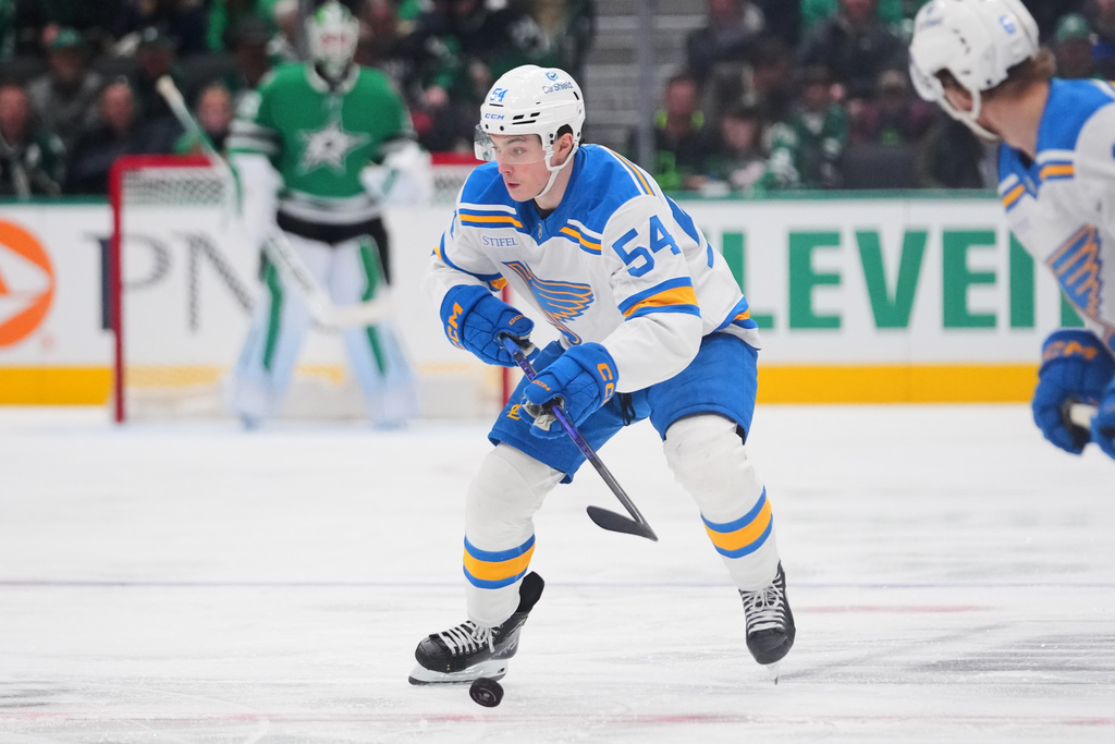 St. Louis Blues right wing Dalibor Dvorsky skates with the puck against the Dallas Stars during the first period of an NHL hockey game Friday, Jan. 23, 2026, in Dallas. (AP Photo/Julio Cortez)