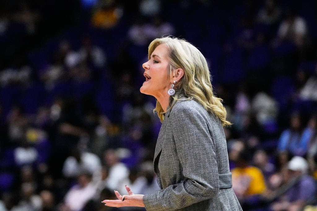 Texas Tech head coach Krista Gerlich calls out from the bench during the first half in the first round of the NCAA college basketball tournament against Villanova, Friday, March 20, 2026, in Baton Rouge, La. (AP Photo/Gerald Herbert)