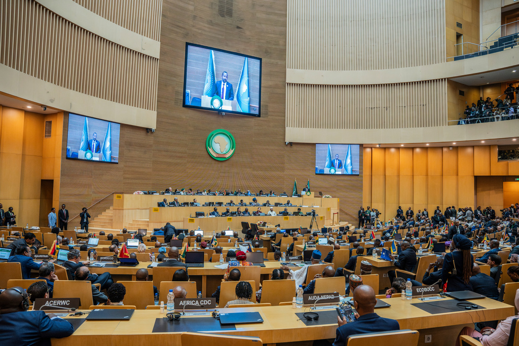 Ethiopia's Prime Minister Abiy Ahmed Ali delivers a speech during the annual African Union Summit at the Addis International Convention Center in Addis Ababa, Ethiopia, Saturday, Feb. 14, 2026. (AP Photo/Amanuel Sileshi)
