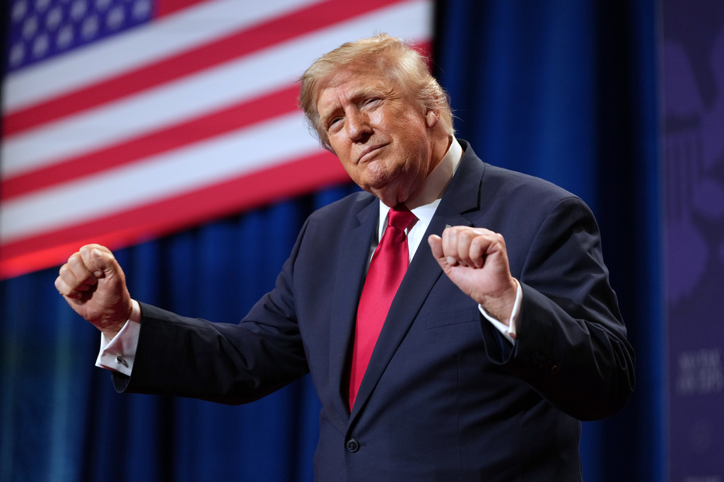 President Donald Trump dances after speaking at an event at the Red Rock Casino Resort and Spa in Las Vegas, Wednesday, Aug. 5, 2026. (AP Photo/Mark Schiefelbein)