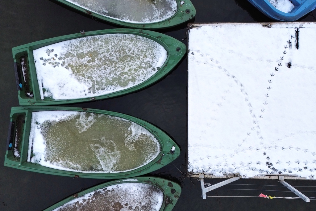 Rowboats at an abandoned jetty are covered with ice, as birds are the only customers in winter during a cold wave, bringing weather with snow and ice to the industrial Ruhr area in Gelsenkirchen, Germany, Thursday, Jan. 8, 2026. (AP Photo/Martin Meissner)